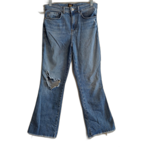 Lee Heritage Frayed Hem Boot Cut Women's Jeans Torn Knee Thrashed Distressed 8 - Picture 1 of 7